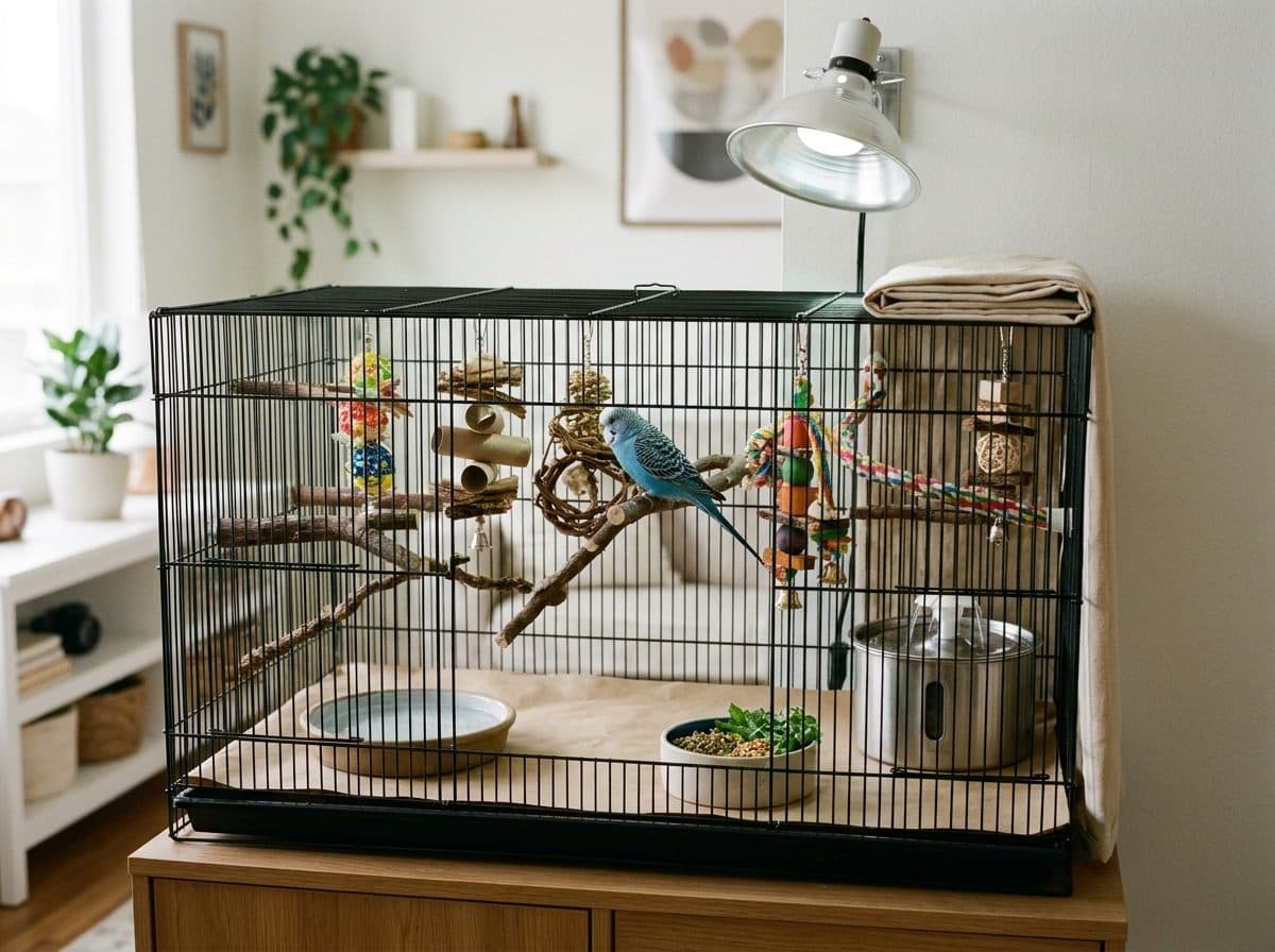 A correctly set up Budgie (Parakeet) cage