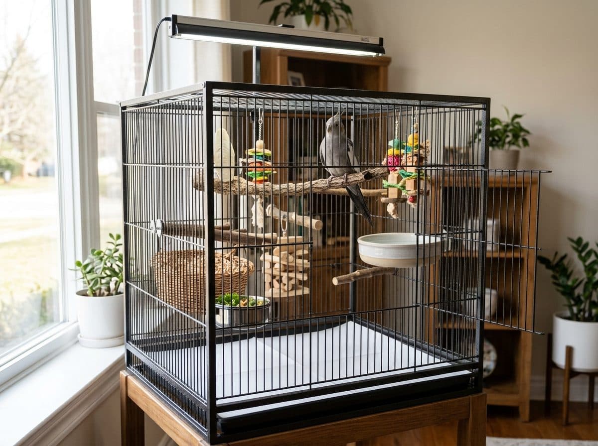 A correctly set up Cockatiel cage