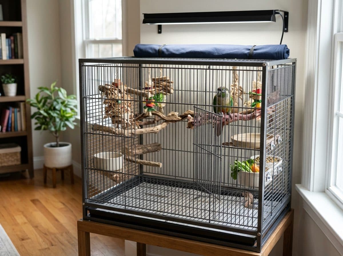 Green-cheeked conure cage setup idea