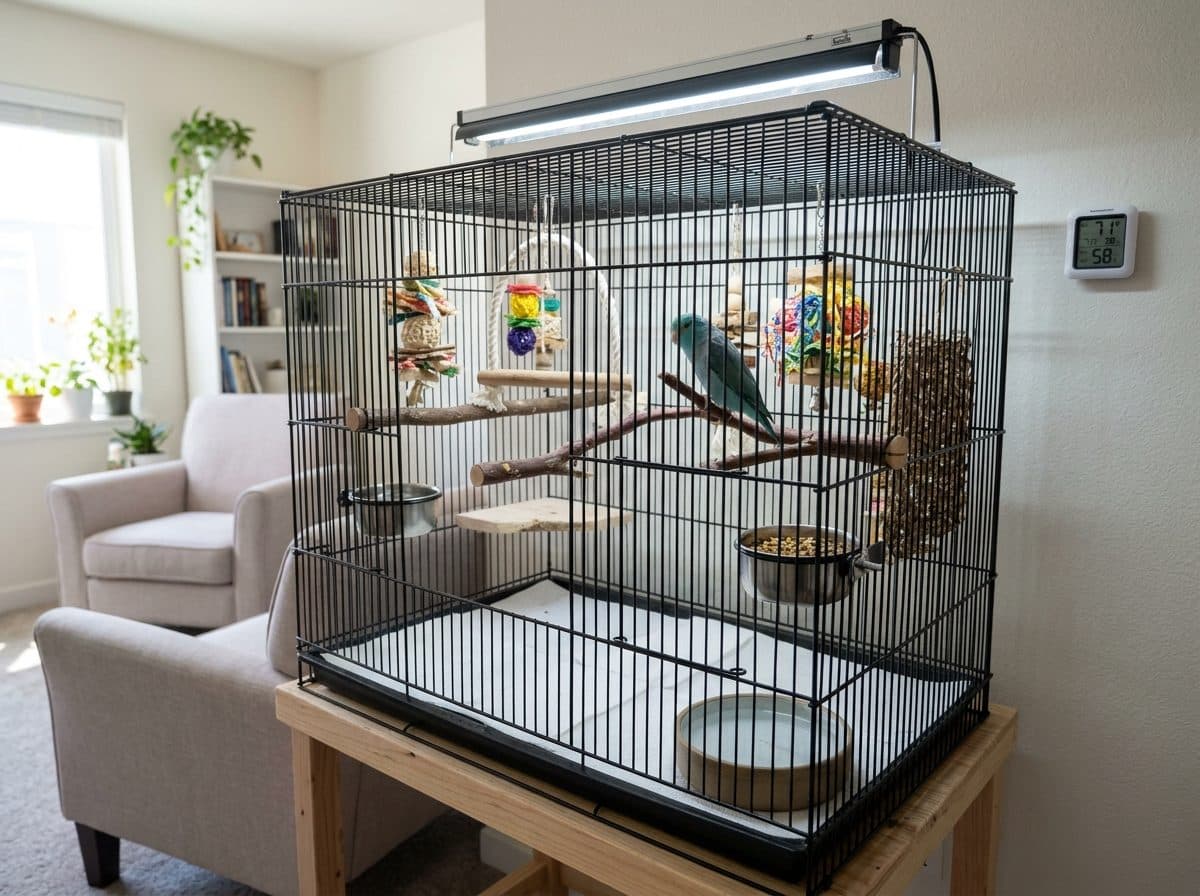 A correctly set up parrotlet cage